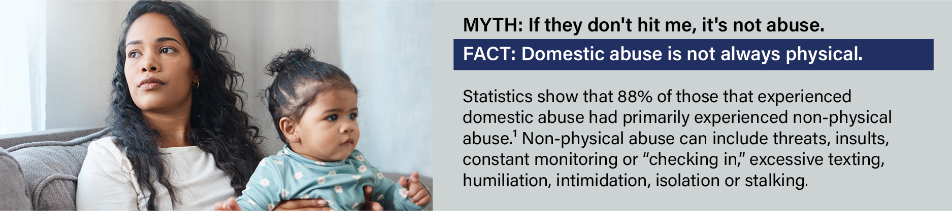 MYTH: If they don't hit me, it's not abuse. FACT: Domestic abuse is not always physical. Statistics show that 88% of those that experienced domestic abuse had primarily experienced non-physical abuse.1 Non-physical abuse can include threats, insults, constant monitoring or “checking in,” excessive texting, humiliation, intimidation, isolation or stalking.